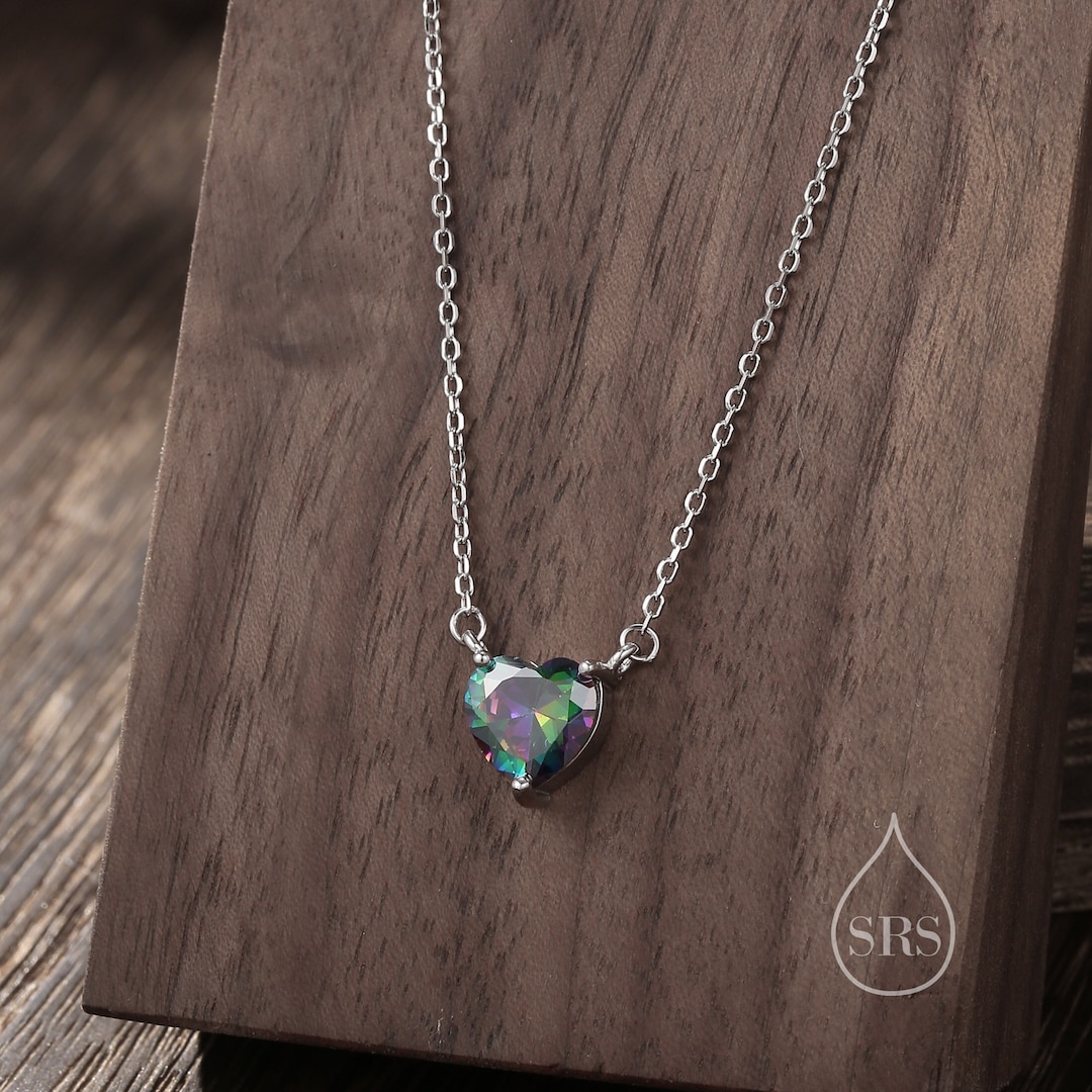Mystic Topaz CZ Heart Pendant Necklace in Sterling Silver