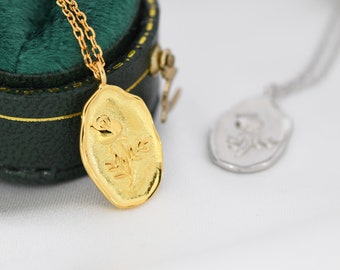 Rose Flower Oval Pendant Necklace in Sterling Silver, Silver or Gold, June Birth Flower,  Nature Inspired Flower Disk Necklace