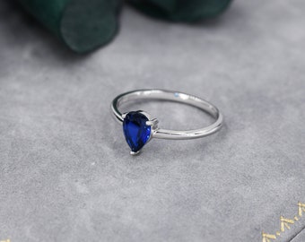 Created Blue Sapphire Droplet Ring in Sterling Silver,  4x6mm, Prong Set Pear Cut, Adjustable Size, Blue Corundum Ring, September Birthstone