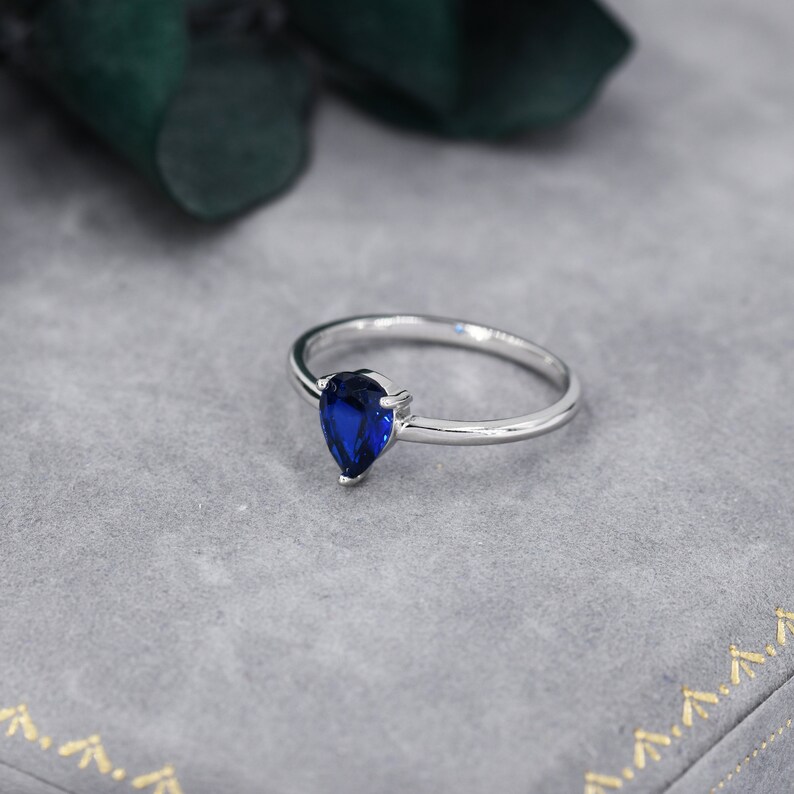 Created Blue Sapphire Droplet Ring in Sterling Silver, 4x6mm, Prong Set Pear Cut, Adjustable Size, Blue Corundum Ring, September Birthstone image 1