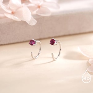 Aros abiertos con circonitas cúbicas rosa rubí en plata de ley, 3 mm, tres puntas, dorados o plateados, piedra natal de julio.