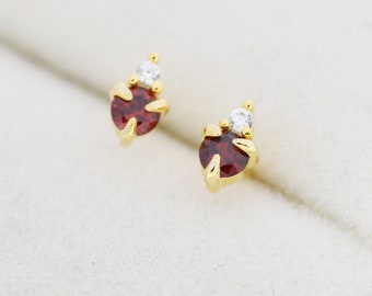 Sterling Silver Garnet Red Stud Earrings,  3mm January Birthstone CZ Earrings, Silver, Gold or Rose Gold, Stacking Earrings, Crown Earrings