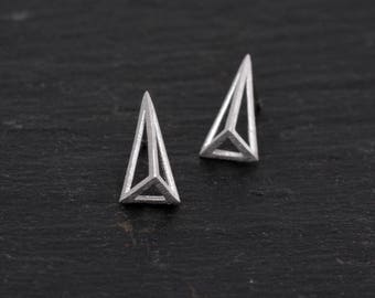 Sterling Silver Geometric Triangle Pyramid Spike Stud Earrings, Textured Finish H25