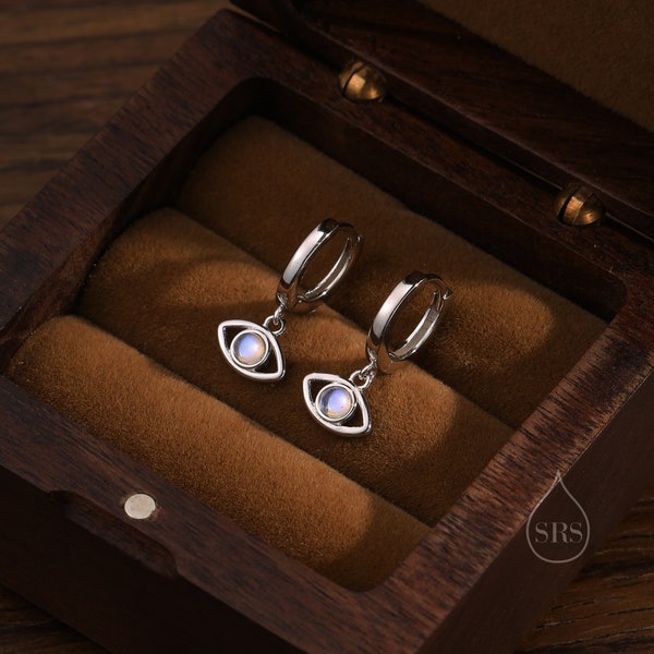 Boucles d'oreilles Moonstone Evil Eye Huggie Hoop en argent sterling, cerceaux d'oeil d'argent ou d'or, pierre de lune simulée, boucles d'oreilles Evil Eye