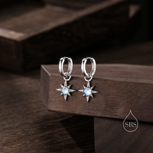 Moonstone Starburst Huggie Hoop Earrings in Sterling Silver, Moonstone North Star Drop Earrings, Delicate Moonstone Star Earrings