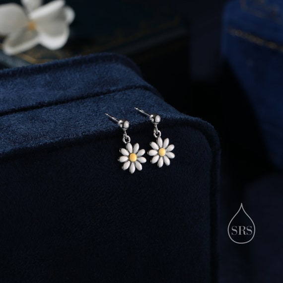 Sterling Silver Daisy Drop Stud Earrings, Delicate Dainty