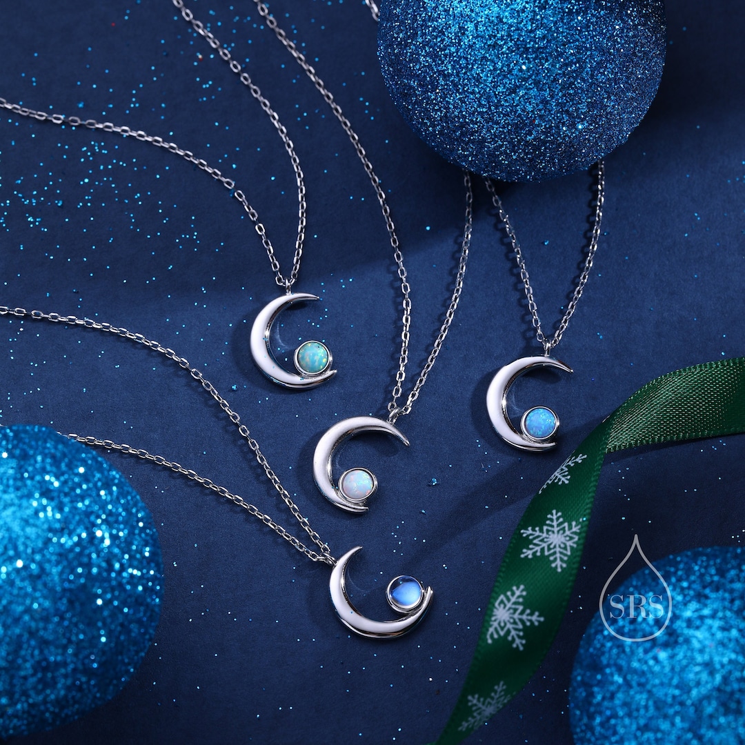 Crescent Moon Pendant Necklace in Sterling Silver With Opal or ...