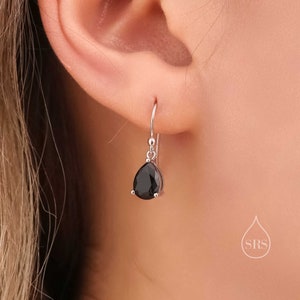 Boucles d'oreilles gouttes en argent sterling, zirconium noir onyx, argent sterling, argent ou or, crochets en forme de poire image 1