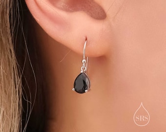 Sterling Silver Onyx Black CZ Droplet Drop Earrings in Sterling Silver, Silver or Gold, Pear Shape Hook Earrings