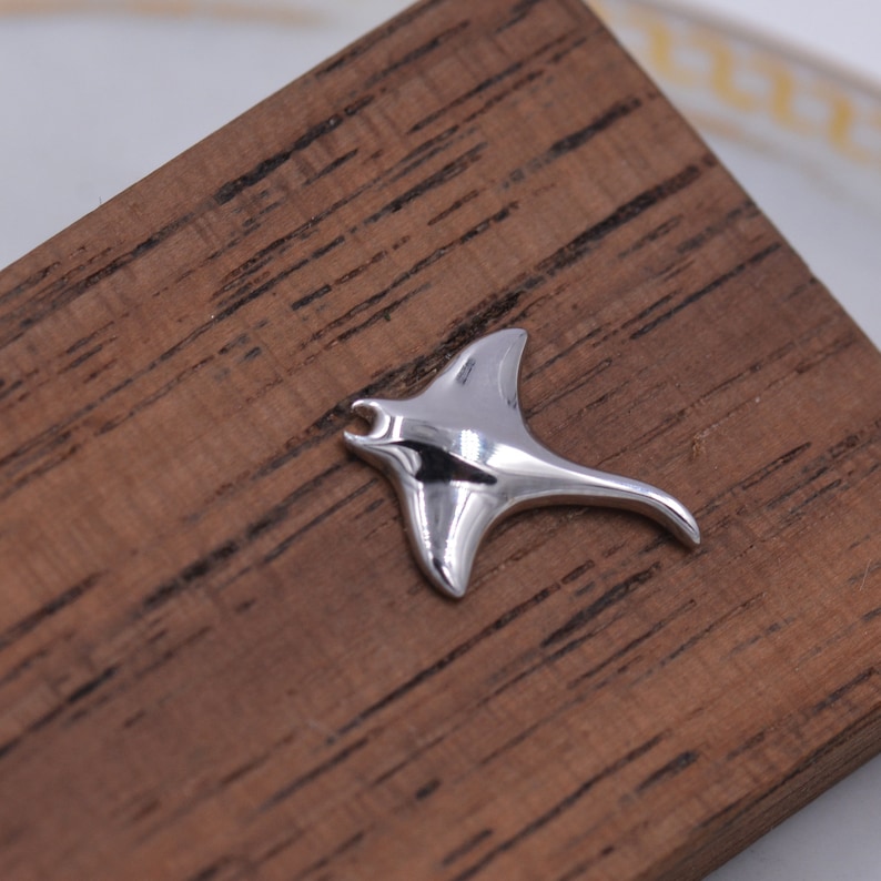 May include: A silver-colored manta ray charm, made of metal, on a wooden surface.