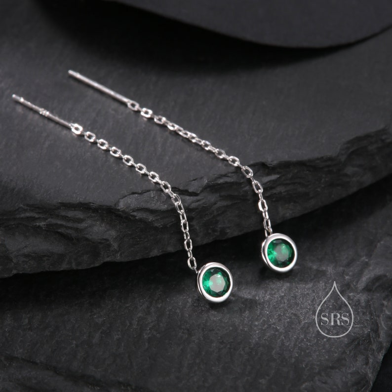 Emerald Green Bezel CZ Crystal Threader Earrings in Sterling Silver, Silver or Gold, Minimalist Crystal Ear Threaders, Threader Ear Jackets image 6