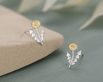 Sterling Silver Two Tone Dandelion Flower Stud Earrings
