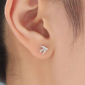 Swallow Bird Stud Earrings in Sterling Silver Flying Bird Earrings, Silver or Gold or Rose Gold,  Nature Inspired Animal Earrings