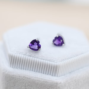 Genuine Amethyst Heart Stud Earrings in Sterling Silver, Dark Amethyst Crystal Earrings, Natural Purple Amethyst Earrings, Heart Earrings