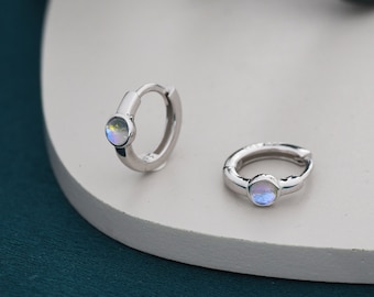 Moonstone Huggie Hoop Earrings in Sterling Silver, Tiny Moonstone Hoops, Moonstone Hoops, Simulated Moonstone Hoops