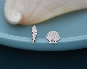 Mismatched Tiny Seashell Stud Earrings in Sterling Silver, Asymmetric Shell Earrings