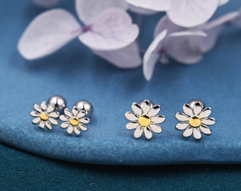 Little Daisy Flower Screw Back Earrings in Sterling Silver - Cute Flower Blossom Earrings  -   Fun, Whimsical, Earlobe or Cartilage