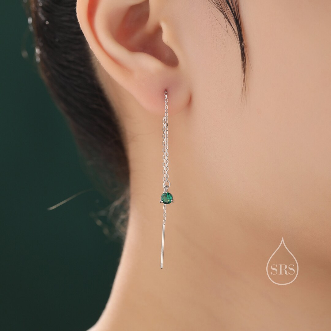 4mm Emerald Green CZ Threader Earrings in Sterling Silver, Silver or ...