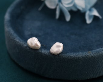 Sterling Silver Genuine Baroque Pearl Stud Earrings,  8mm, Natural Pearl Earrings, Irregular Shape Keshi Pearl Earrings