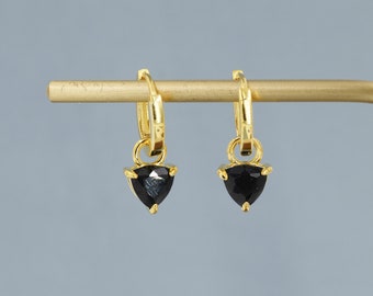 Sterling Silver Black Trillion Cut CZ Hoop Earrings, Silver or Gold, Triangle Dangle Hoop Earrings, Interchangeable Charm