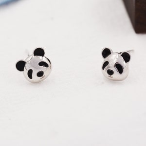 Child's Black and White Enamel Panda Stud Earrings in Sterling Silver