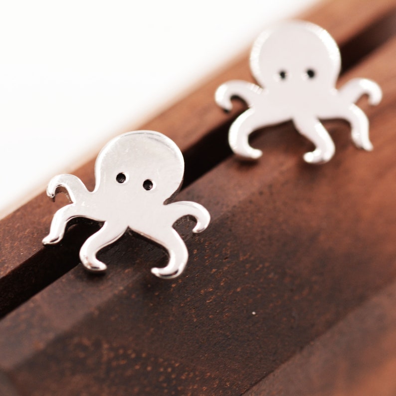 Tiny Octopus Stud Earrings in Sterling Silver Animal Stud Earrings Ocean Fish Earrings Cute, Fun, Whimsical image 3