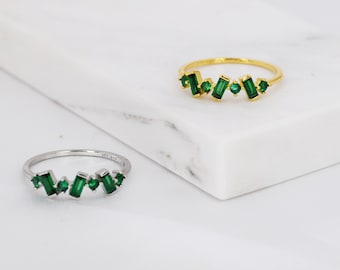 Emerald Green Baguette CZ Cluster Ring in Sterling Silver, Silver or Gold, Organic Shape CZ Ring, US 5 - 8