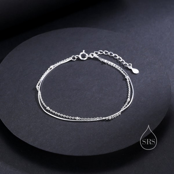 Double Layer Bracelet in Sterling Silver, Dainty Chain Satellite Chain Bracelet, Silver or Gold or Rose Gold, Ball Chain Bracelet