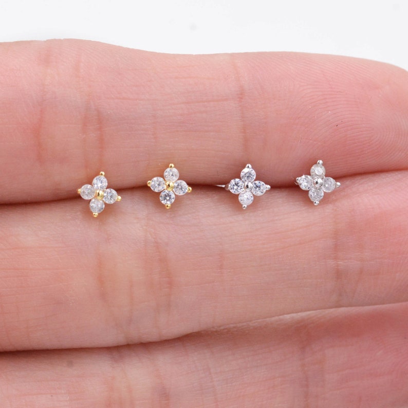 Very Tiny Hydrangea Flower Inspired Stud Earrings in Sterling Silver with Sparkly CZ Crystals, Simple and Minimalist E19 