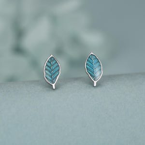 Enamel Beech Leaf Stud Earrings in Sterling Silver, Petite Beech Leaf Earrings, Small Leaf Stud, Nature Inspired