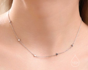 Extra Tiny Starburst Necklace in Sterling Silver, Five Floating Stars Necklace, Adjustable Length, Extra Small Pendant, 16 inch to 18 inch