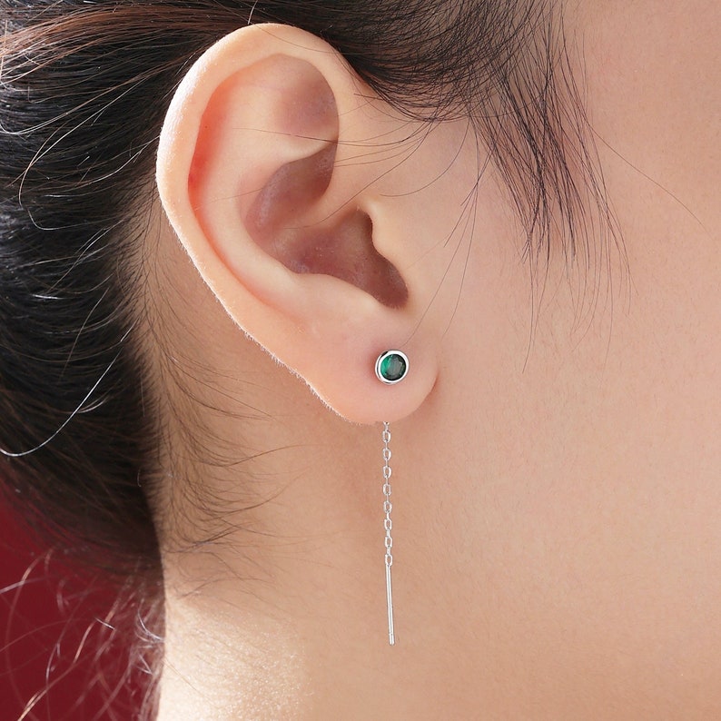 Emerald Green Bezel CZ Crystal Threader Earrings in Sterling Silver, Silver or Gold, Minimalist Crystal Ear Threaders, Threader Ear Jackets image 1