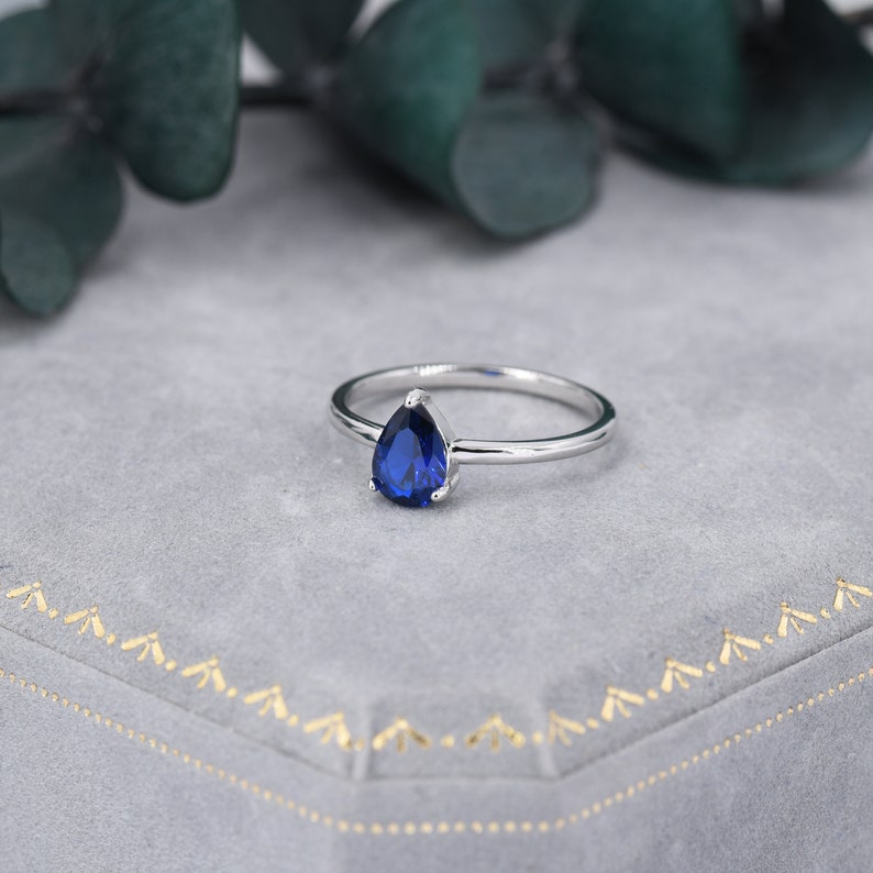 Created Blue Sapphire Droplet Ring in Sterling Silver, 4x6mm, Prong Set Pear Cut, Adjustable Size, Blue Corundum Ring, September Birthstone image 6