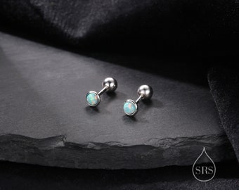 Tiny 3mm Aqua Green Opal Screw Back Earrings in Sterling Silver, Small Opal Stud, Blue Green Opal Screw Back Earrings, Fire Opal