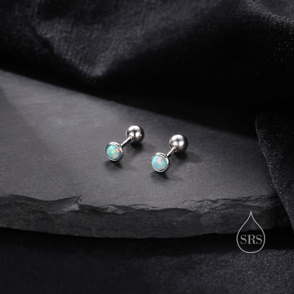 Tiny 3mm Aqua Green Opal Screw Back Earrings in Sterling Silver, Small Opal Stud, Blue Green Opal Screw Back Earrings, Fire Opal