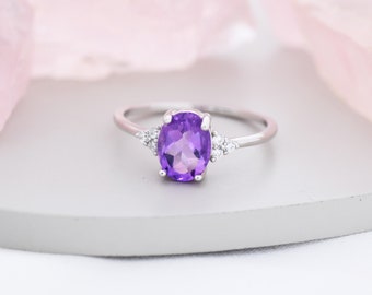 Genuine Amethyst Oval Ring in Sterling Silver, Natural Purple Amethyst Ring, Three CZ, February, Vintage Inspired Design, US 5 - 8