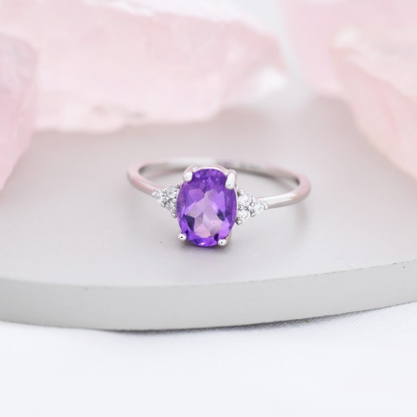 Genuine Amethyst Oval Ring in Sterling Silver, Natural Purple Amethyst Ring, Three CZ, February, Vintage Inspired Design, US 5 - 8