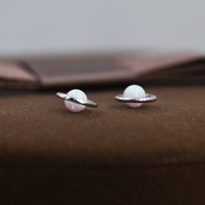 Sterling Silver Blue Planet Opal Stud Earrings, Saturn Earrings, Halo Opal Bead Stud, Blue and White , Gold or Silver Minimalist Geometric