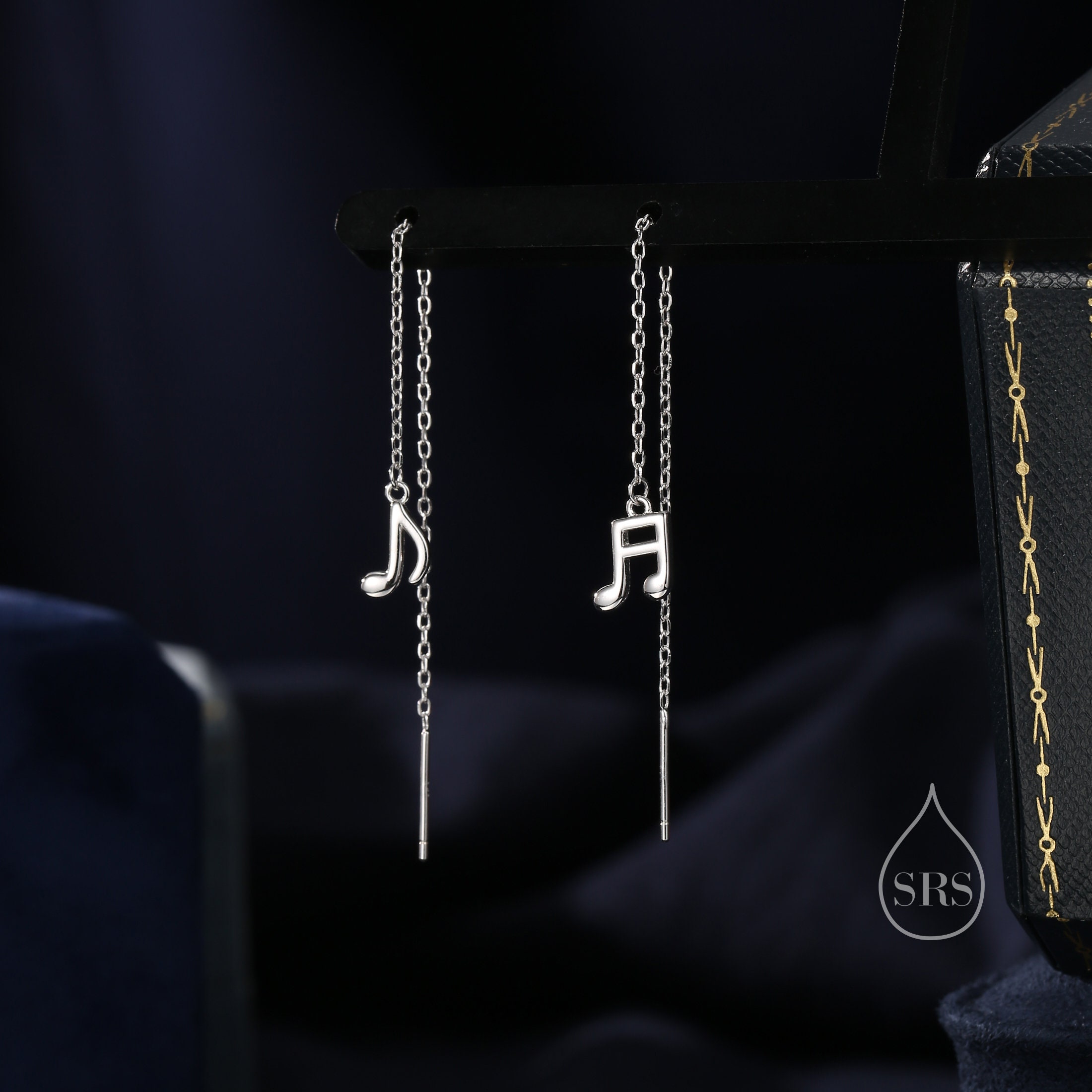 Mismatched Pair of Music Symbol Threader Earrings in Sterling Silver,…