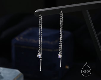 Extra Tiny Moonstone Droplet Long Threader Earrings in Sterling Silver, 3x4mm Pear Shape Lab Moonstone, Silver or Gold or Rosegold