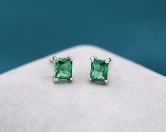 Emerald Cut Emerald Green CZ Stud Earrings in Sterling Silver,  Silver or Gold, Square Cut Crystal Earrings, May Birthstone