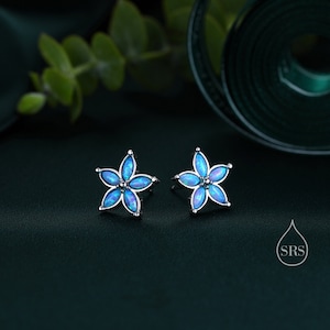 Blue Opal Flower Stud Earrings in Sterling Silver - Gold or Silver - Opal Forget-me-not - Opal Cluster - Petite Stud Earrings