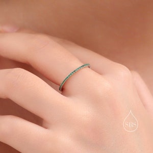 Extra Skinny Emerald Green CZ Pave Ring in Sterling Silver,  Eternity Ring, US 5 - 8