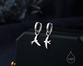 Sterling Silver Asymmetric Flying Bird Dangle Huggie Hoops, Detachable Bird Hoop Earrings, Detachable Swallow Bird Hoop Earrings