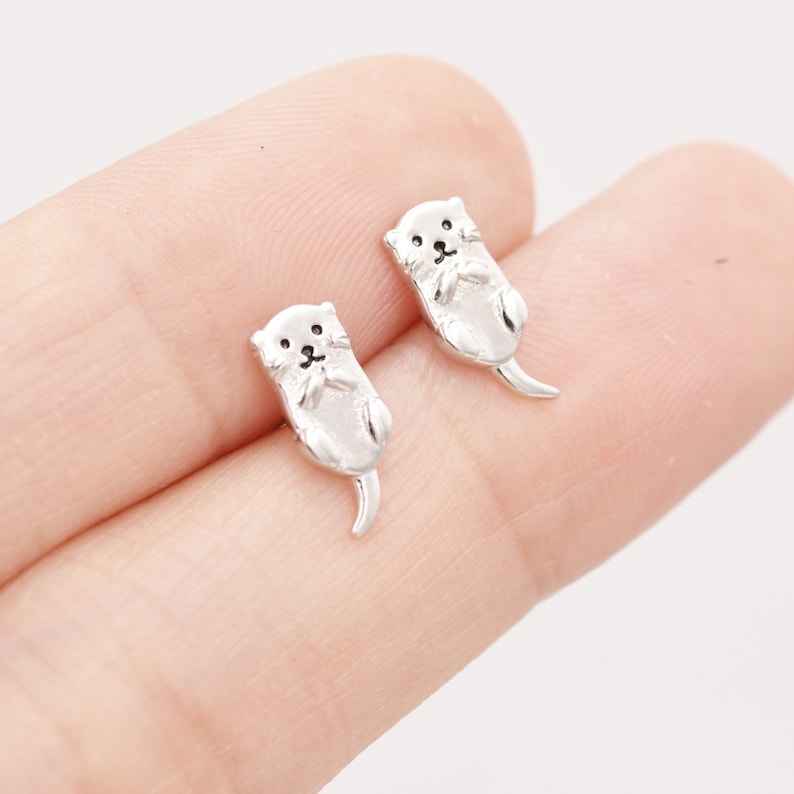 Otter Stud Earrings in Sterling Silver Smiling Otter Cute Animal Earrings Fun, Whimsical image 4