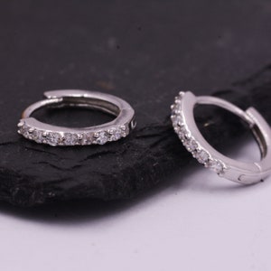 Pair of Minimalist Huggie Hoop Earrings in Sterling Silver with Sparkling CZ Crystals, Simple Hoop Earrings