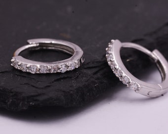 Pair of Minimalist Huggie Hoop Earrings in Sterling Silver with Sparkling CZ Crystals, Simple Hoop Earrings