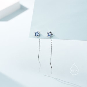 Aquamarine Blue Star Bezel CZ Crystal Threader Earrings in Sterling Silver, Silver or Gold, Minimalist Star Cut Ear Threaders image 2