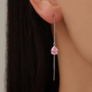 Tourmaline Pink CZ Droplet Threader Earrings in Sterling Silver, Silver or Gold,  Pear Cut CZ Long Ear Threaders, Sparkly CZ Threaders