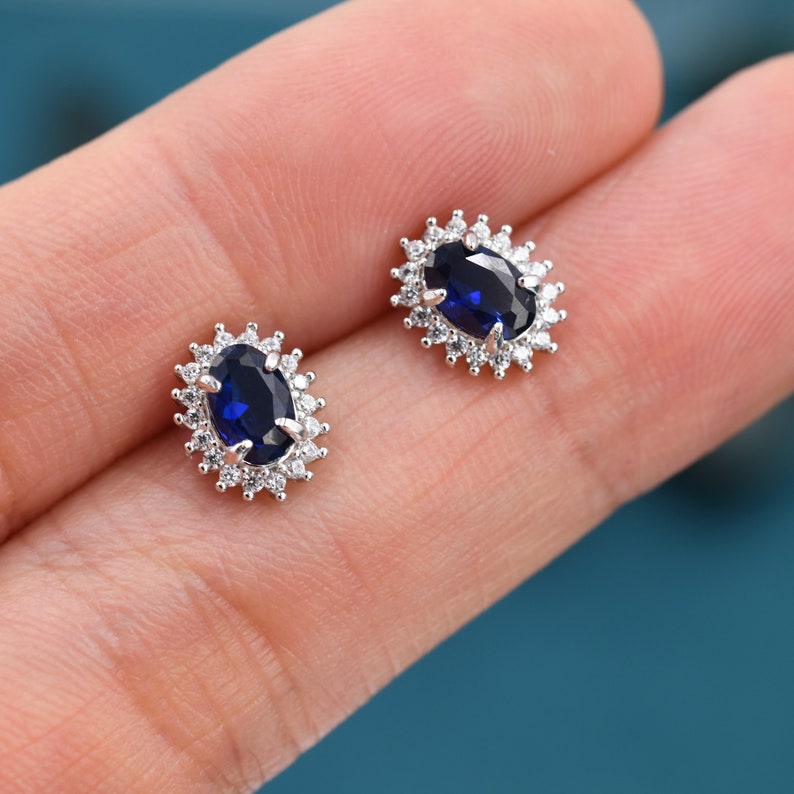 Sapphire Blue CZ Stud Earrings in Sterling Silver, Blue Oval Crystal Stud Earrings, September Birthstone zdjęcie 8